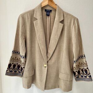 New York Clothing Company 1-Button Blazer, Unlined, Embroidered Sleeves, Tan PXL